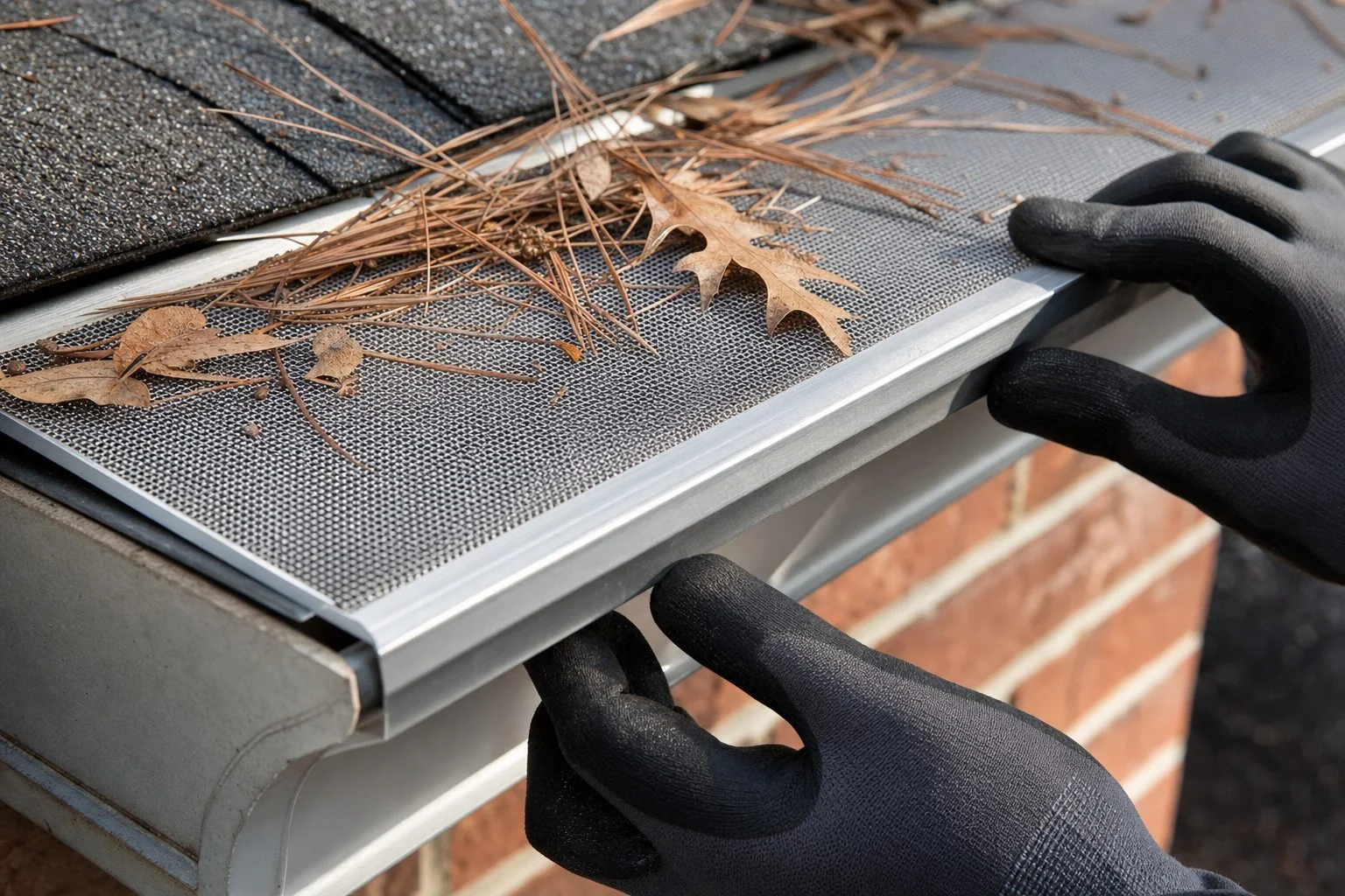 Stainless micro-mesh gutter guard installed on a six-inch aluminum gutter with loblolly pine needles resting on top in South Carolina