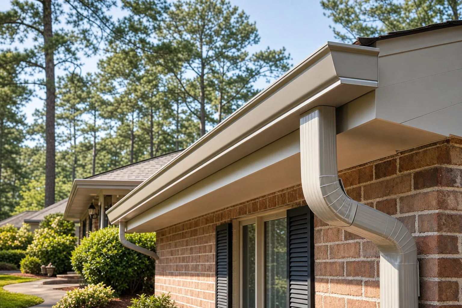 Newly installed seamless aluminum gutters on a brick ranch home in West Columbia, South Carolina