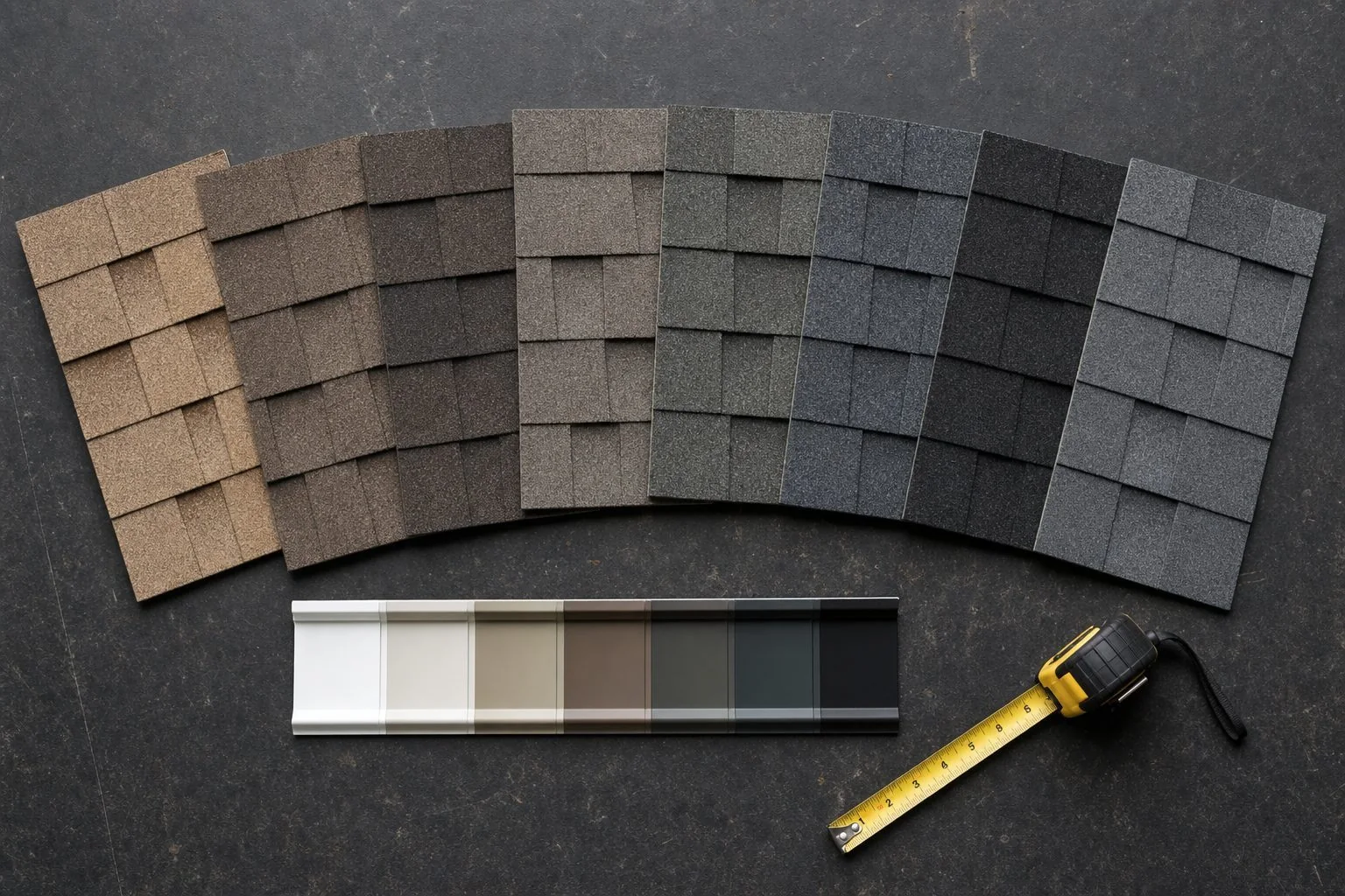 Architectural shingle color samples fanned out on a table for a South Carolina roof replacement estimate