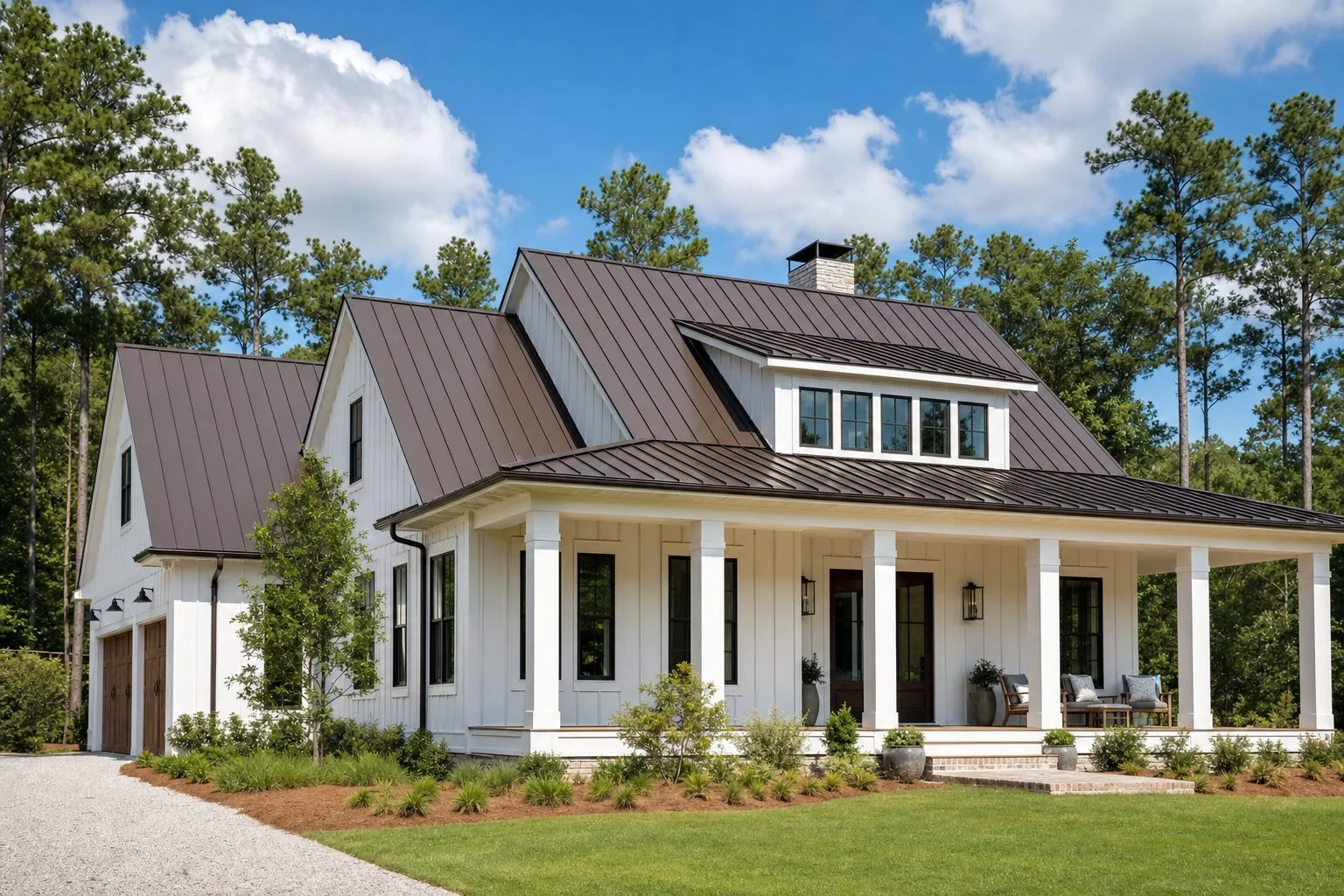 Dark standing seam metal roof on a modern farmhouse near Lake Murray, South Carolina