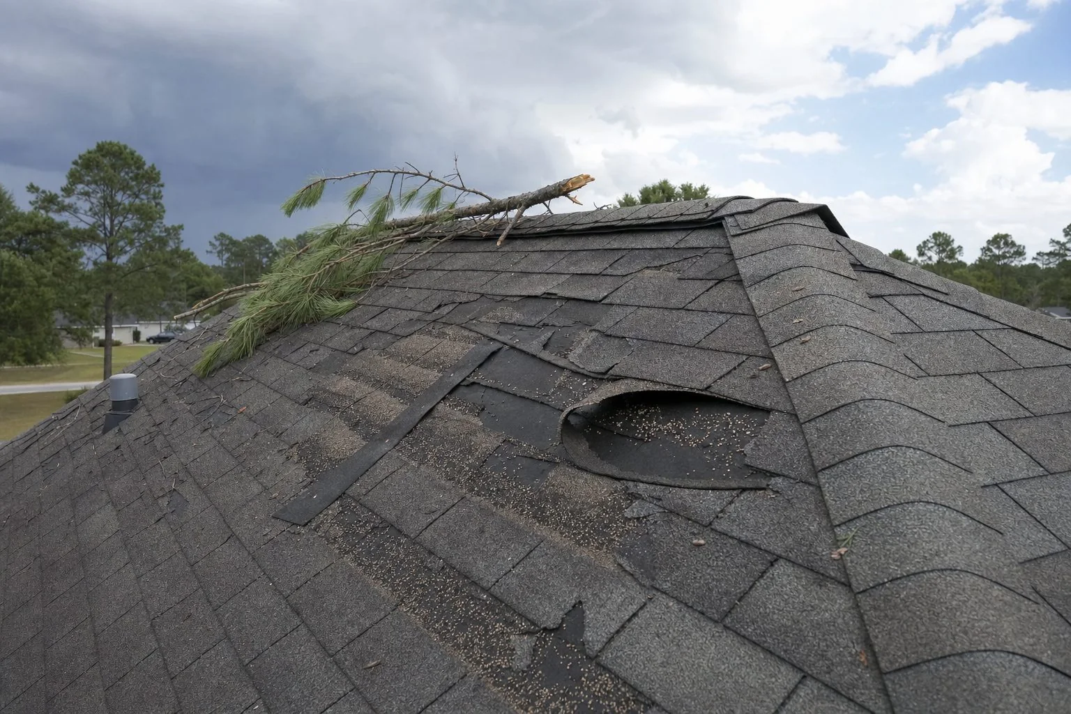 Storm-damaged roof with torn shingles and a fallen pine limb under clearing storm clouds in the South Carolina Midlands
