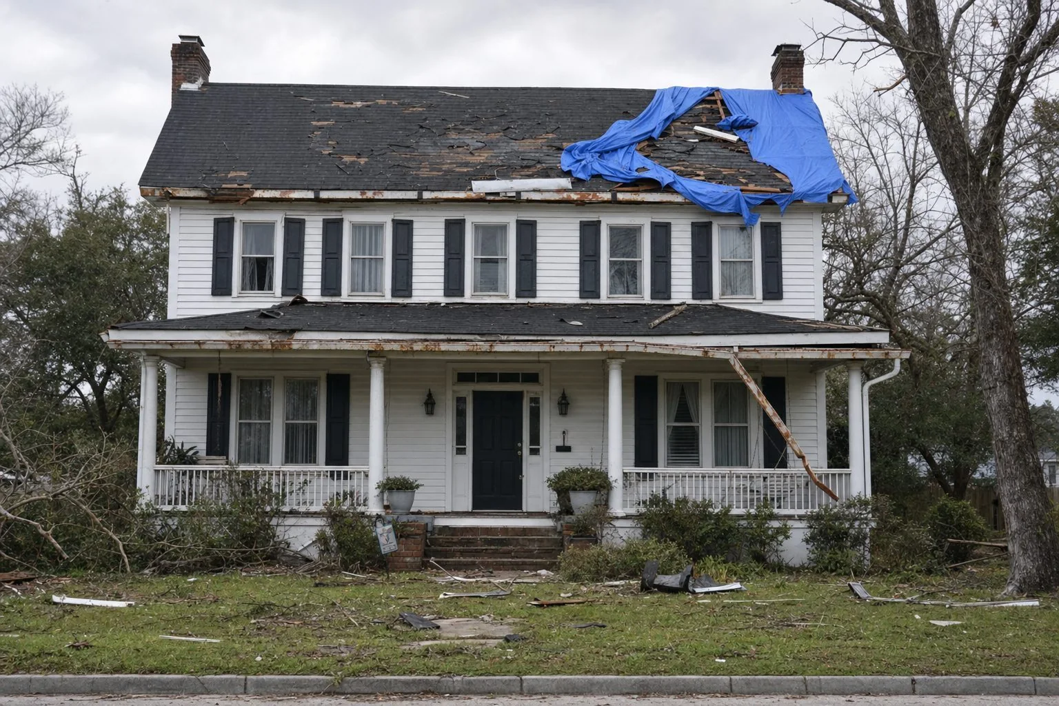 Storm-damaged Columbia roof with an emergency blue tarp over a hole left by a fallen pine limb